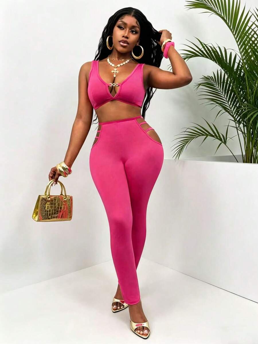 Glyssa Women's Hot Pink Knit Cropped Tank Top With Metal DecorHollow-Out Side Skinny Pants,Summer,70s Sexy,Night Out Club,Party Holiday Outfit Set - Hot Pink - View 1
