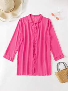 SHEIN Swim 鏤空前紐扣和服罩衫 - 玫紅色 - 查看 5
