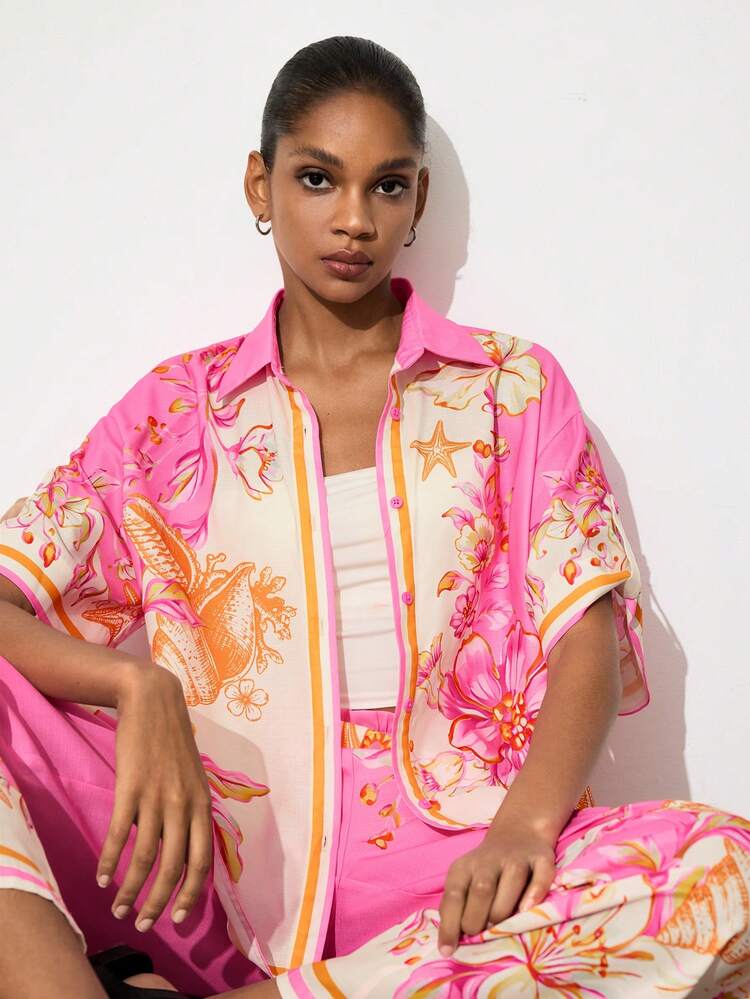 SHEIN Maija Women's All-Over Print Front Button Casual Loose Shirt