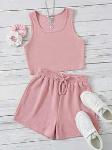 SHEIN Tween Girl  Summer Solid Tank Top & Drawstring Waist Shorts,Summer Clothes Holiday Outfits - Baby Pink - View 4