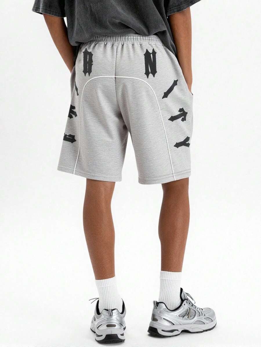 ROMWE MEN Essentials Men's Summer Casual Fashion Street Sweat-Absorbent Embroidered Drawstring Waist Contrast Piping Loose Shorts For Daily Commute - Grey - View 1
