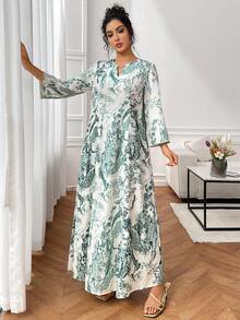 SHEIN Najma Đầm dáng rộng thanh lịch kiểu dáng nghỉ dưỡng, cổ chữ V, in họa tiết, thiết kế kín đáo, phù hợp cho mùa xuân và mùa thu. - màu xanh lá - Xem 6