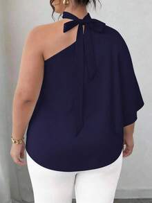 SHEIN CURVE+ 大码女装时尚纯色不对称下摆不对称领口衬衫 - 藏蓝色 - 查看 2