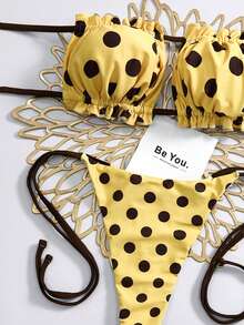 Swim Vcay Women's 2-Piece Polka Dot Print Floral Trim Bandeau Top And Side Tie Triangle Bikini Swimwear Set, Summer Fashion Resort Wear - Multicolor - View 4