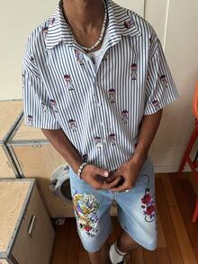 STEELVANCE Camisa casual de manga corta con botones, estampado de rayas y dibujos animados, para verano - Azul - Ver 5