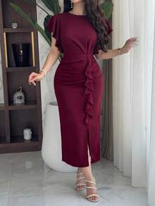 Feyla Women's Solid Color Round Neck Ruffle Hem Elegant Short Sleeve Midi Dress - Burgundy - View 2