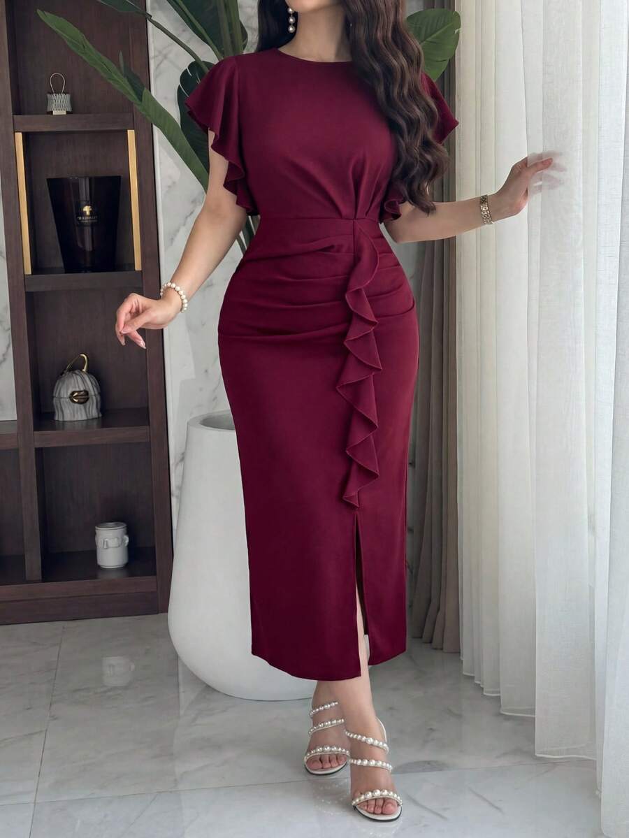 Feyla Women's Solid Color Round Neck Ruffle Hem Elegant Short Sleeve Midi Dress