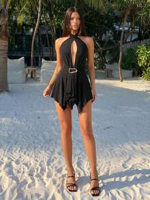 SHEIN ICON 夏季女士 Y2k Coachella 乡村音乐会黑色沙滩派对优雅外出性感纯色镂空露背迷你连衣裙 - 黑色 - 查看 2
