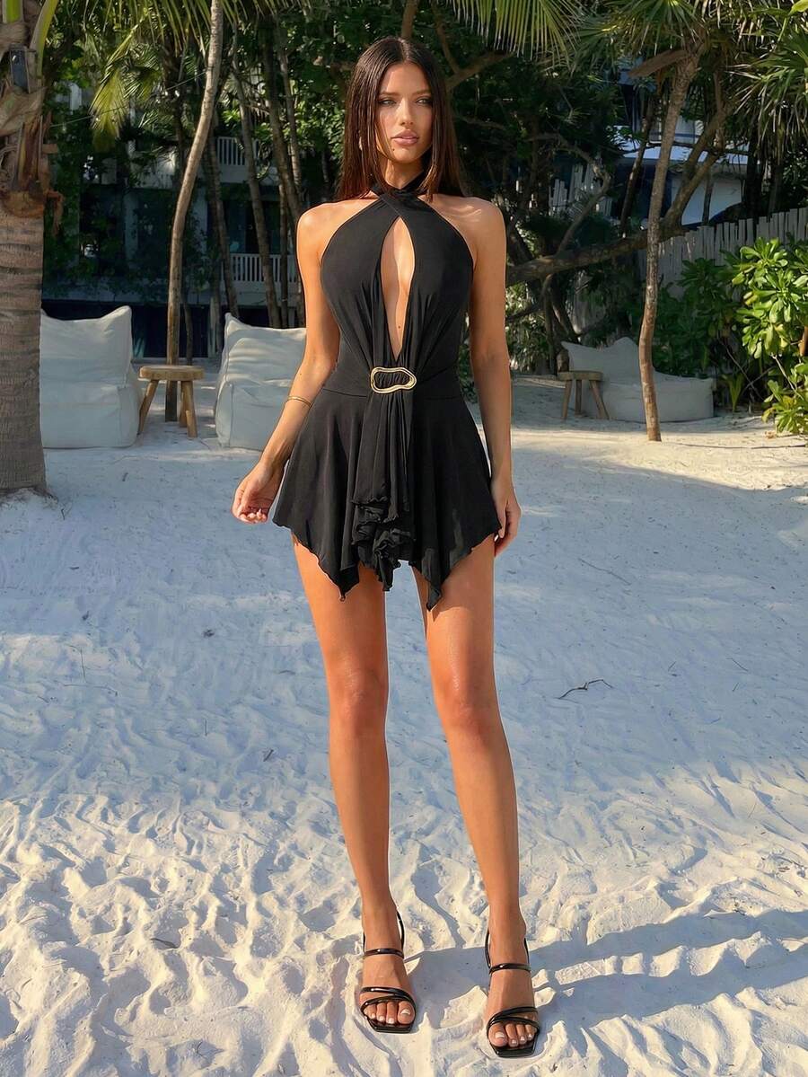 SHEIN ICON 夏季女士 Y2k Coachella 乡村音乐会黑色沙滩派对优雅外出性感纯色镂空露背迷你连衣裙