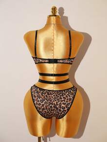 Bare Chapter 2 piezas Conjunto de lencería sexy con estampado de leopardo y encaje negro con cordones - Multicolor - Ver 7