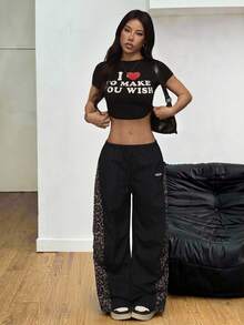 SHEIN PETITE Quần ống rộng dáng suông họa tiết da báo phối nhiều mảnh dành cho nữ, kiểu dáng thường ngày. - màu đen - Xem 7