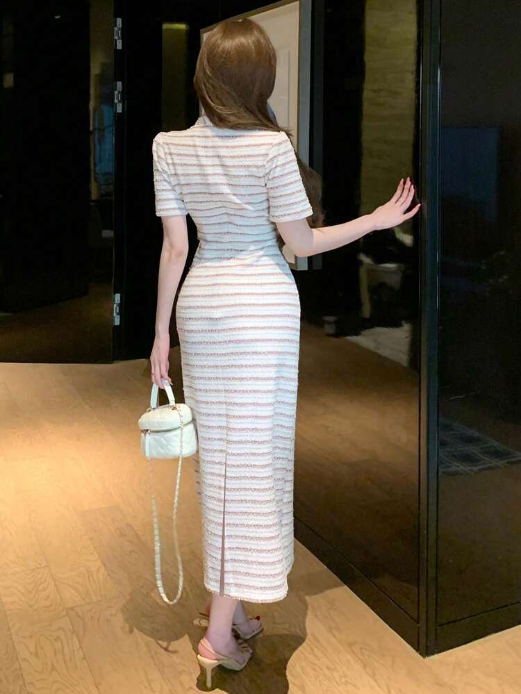 Spring/Summer Striped Short Sleeve Midi Dress, Elegant For Valentine's Day, Wedding, Party, Banquet, Vacation, Commute