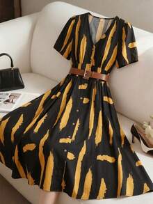 Chikora Đầm công sở cổ chữ V thanh lịch bằng vải lanh-cotton dành cho nữ cỡ lớn - Nhiều màu - Xem 5