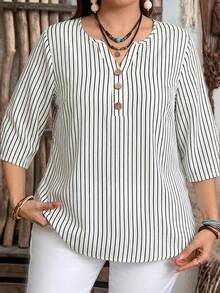 EMERY ROSE Women's Vacation Casual Striped Notched Neck Blouse - Multicolor - View 5
