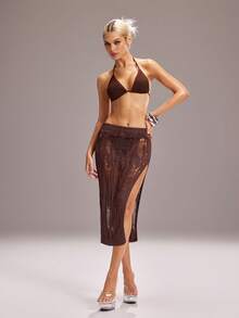 Y2Kool BiGraphic Women's Solid Color Split Knit Hollow Out Fashionable Sexy Versatile Sweater Skirt Golf Pastal Autumn - Brown - View 4