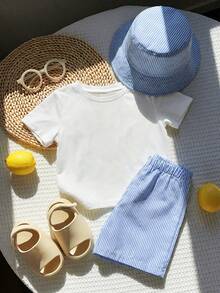 SHEIN Bộ 3 món cho bé trai/bé gái, gồm áo thun ngắn tay kẻ sọc chanh dễ thương, quần short và mũ, thích hợp cho mùa xuân/hè. - Nhiều màu - Xem 5