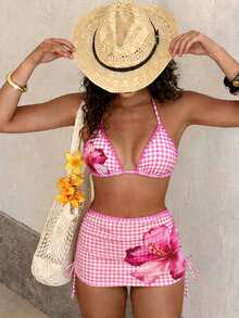 Swim MOD Summer Vcay Beach Vacation Women Halter Neck Gingham Floral Print Triangle Bikini Set With Sheer Mesh Cover Up Skirt - Multicolor - View 3