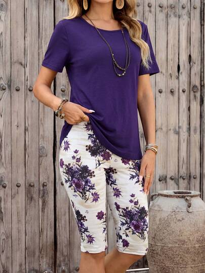 EMERY ROSE Conjunto de 2 piezas con blusa de cuello redondo de unicolor de manga corta y pantalones 7/8 con estampado floral para mujer