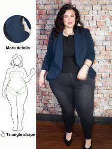 Truni Plus Shawl Collar Open Front Blazer Without Cami Top In Fall/Winter, For Pear Triangle Body Shape - Navy Blue - View 2