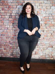 Truni Plus Shawl Collar Open Front Blazer Without Cami Top In Fall/Winter, For Pear Triangle Body Shape - Navy Blue - View 4