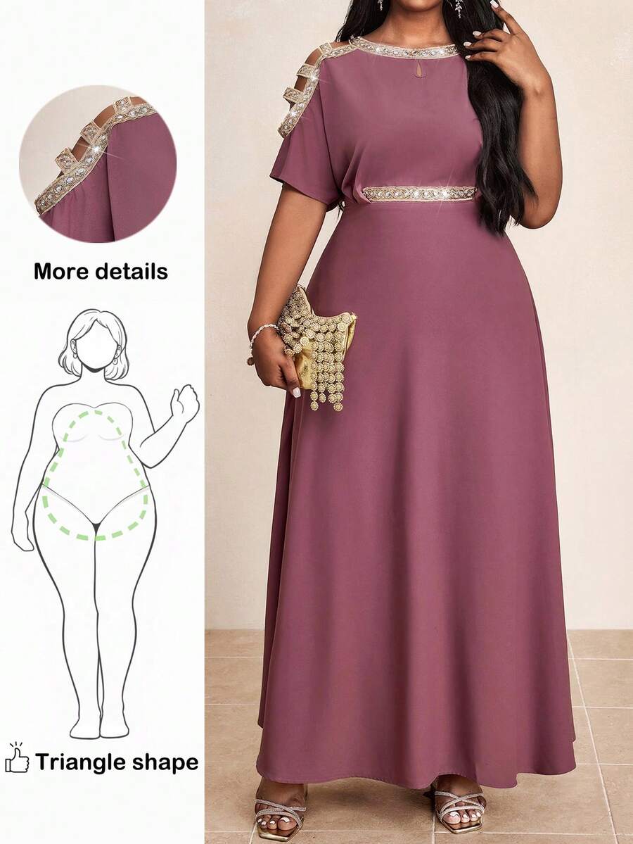 Truni Plus Size Rhinestone Decor Off-Shoulder Elegant Solid Color Dress, Fall Clothes For Women,Wedding Party Dress, For Pear And Triangle Body Shape, For Summer - Dusty Pink - View 1