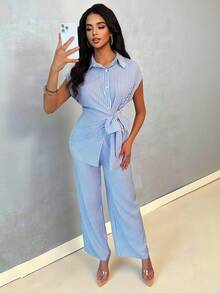 SHEIN Holidaya Blue And White Stripe Striped Bow-Tie Front Shirt And Straight Leg Pants 2-Piece Set For Women Vacation Summer Coastal Elegant - Blue and White - View 7