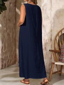 EMERY ROSE Plus Size Women's Summer Navy Blue V-Neck Sleeveless 2 In 1 Long Dress,Boho Casual Flowy Sundress,Holiday Beach Outfits,Vacation Fashionable Wear - Navy Blue - View 3