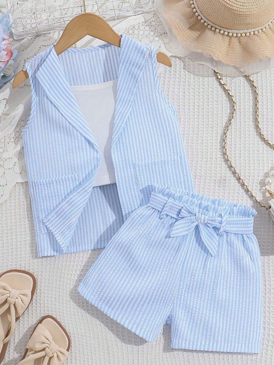 SHEIN Genkimix Kids 2件組少女藍白條紋無袖外套配蝴蝶結腰帶與短褲,夏季家庭度假度假時尚套裝 - 藍色 - 查看 1