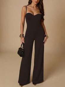 SHEIN BAE Women's Elegant Minimalist Solid Color Wide Leg Jumpsuit - Coffee Brown - View 3