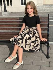 SHEIN Đầm mùa xuân hè cho bé gái/Phong cách retro thanh lịch/Đầm dệt kim đen cổ tròn tay ngắn/Viền họa tiết da báo phối hợp/Đầm eo - Màu be - Xem 4