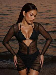 夏季海灘3入組綁頸三角比基尼和遮陽罩 - 黑色 - 查看 3