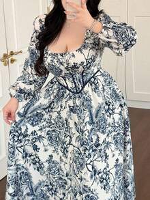 Vibekara Plus Size Blue And White Porcelain Print Long Dress, Casual For Spring And Summer Fall - Blue - View 1