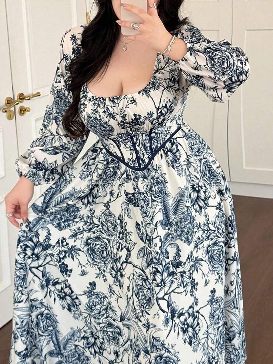 Vibekara Plus Size Blue And White Porcelain Print Long Dress, Casual For Spring And Summer Fall - Blue - View 1