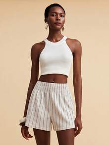 Travachic Women's Summer Vacation Elastic Waist Textured Striped Shorts, Beach Outfits, Boho - Apricot - View 7