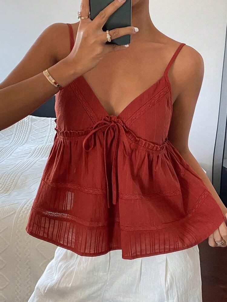 Women's Solid Color Patchwork Ruffle Hem Backless Camisole Casual Summer Top