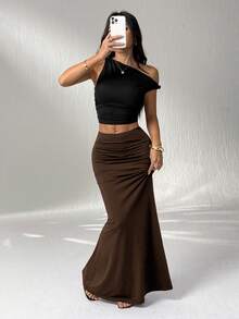 SHEIN EZwear Plus Size Women Elegant Elegent Dark Brown Mermaid Skirt Evening Party Summmer - Brown - View 6
