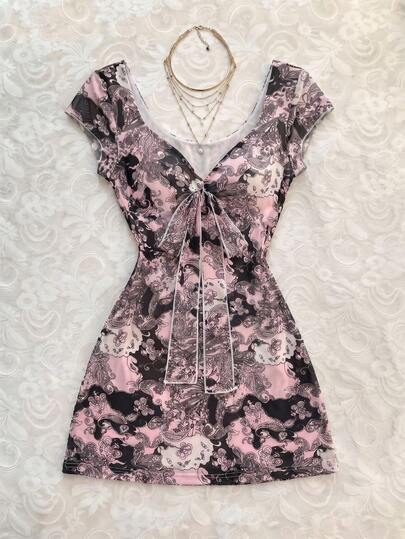 Elamini 女士V领连衣裙，波西米亚风腰果花图案，收腰A字裙