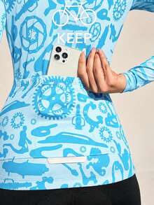 Exploreva Women's Blue Printed Zip-Up Long Sleeve Cycling Jersey - Blue - View 6