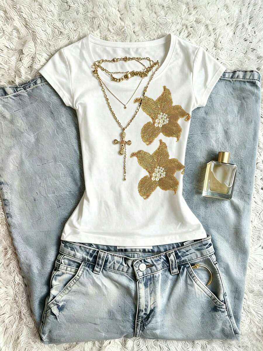 INAWLY Women's Round Neck Short Sleeve Beaded Floral Print Fashion T-Shirt For Summer - White - View 1