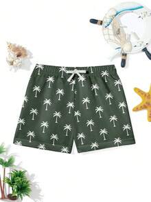 SHEIN 男童休闲宽松短裤泳装，经典棕榈树印花，适合夏季、冲浪、海滩、度假。 - 彩色 - 查看 2