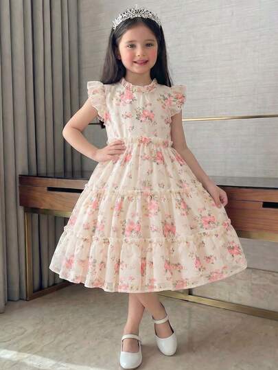 Đầm không tay xếp ly in hoa hồng mùa xuân/hè 2025 cho bé gái, khóa kéo phía sau, kiểu dáng công chúa dễ thương và ngọt ngào, đa năng cho mặc hàng ngày và đi làm.