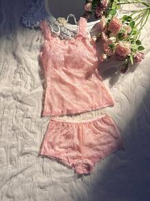 2件套女士蕾丝吊带背心和短裤性感内衣套装 - 粉色 - 查看 5
