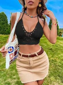 Breezaya Áo vest hở lưng cổ yếm móc thủ công, bikini hở lưng gợi cảm khoét rỗng buộc dây cho kỳ nghỉ - màu đen - Xem 5