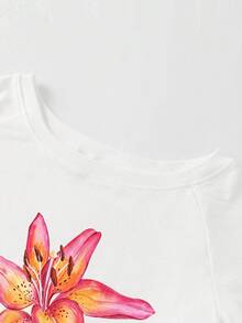 Sweetra Women's Summer Asymmetrical Shoulder Fitted T-Shirt, Hibiscus Floral Beach Basic Top - White - View 3