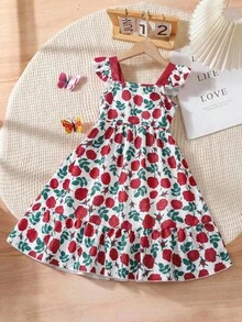 SHEIN Genkimix Kids Young Girl' Floral Print Exposed Waist Bow Decor Elegant Cap Sleeve Dress, Suitable For Summer Outings, Vacations, Parties - White - View 2