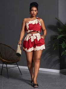 Veslaya Plus Size Women's Red Summer Beach Vacation Holiday Outfits, Geometric Print Sleeveless Knotted Hem Crop Top Pocket Shorts Set, Boho Casual Wear - Hot Pink - View 6