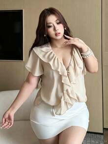 Vibekara Áo kiểu tay ngắn, cổ chữ V, màu trơn, chất liệu chiffon, dáng ôm, xuyên thấu, gợi cảm, dành cho người có vóc dáng đầy đặn. - Màu be - Xem 5