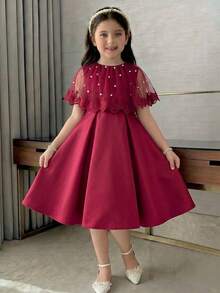 SHEIN 少女优雅A字网纱拼接连衣裙 - 紅色 - 查看 1