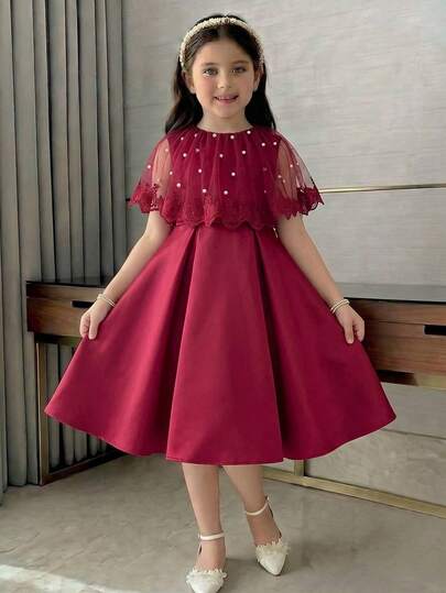 SHEIN 少女优雅A字网纱拼接连衣裙