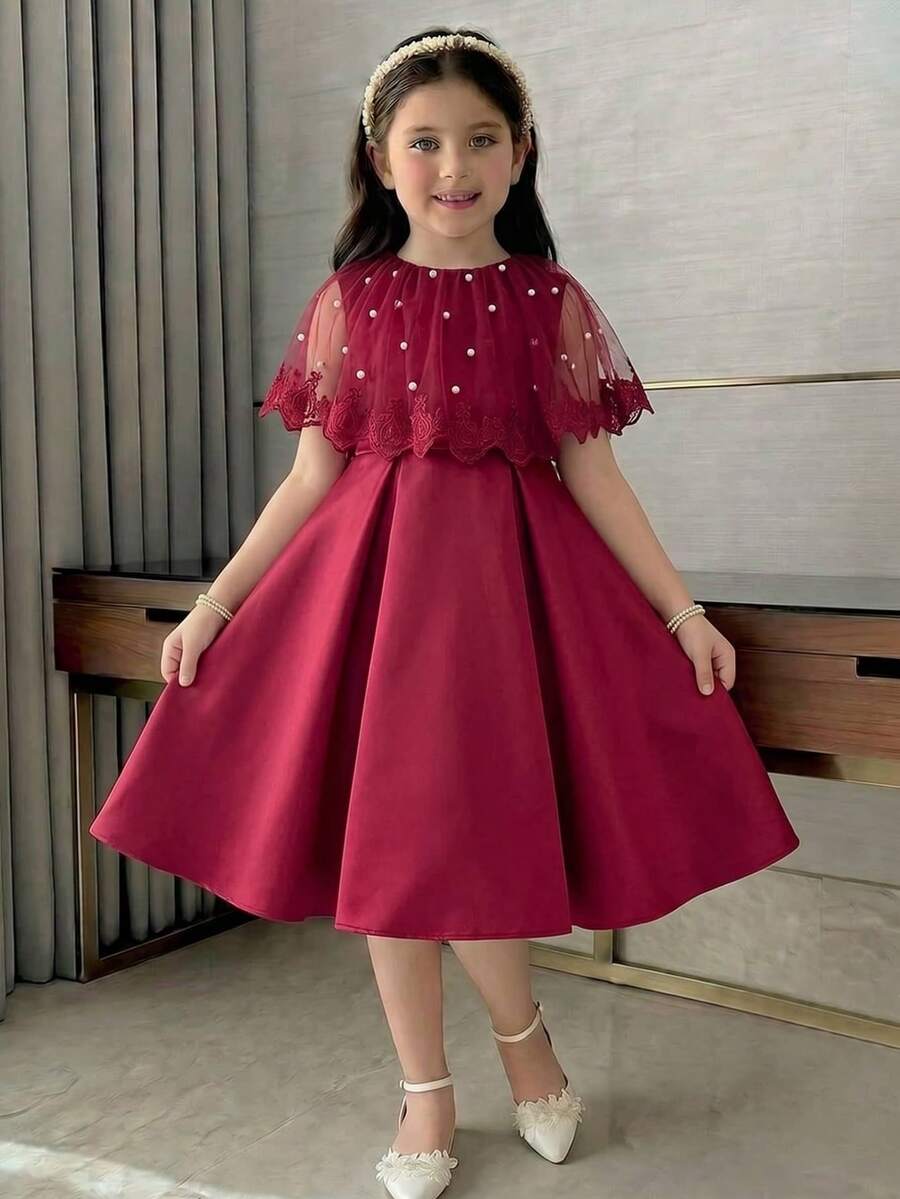 SHEIN 少女优雅A字网纱拼接连衣裙 - 紅色 - 查看 1